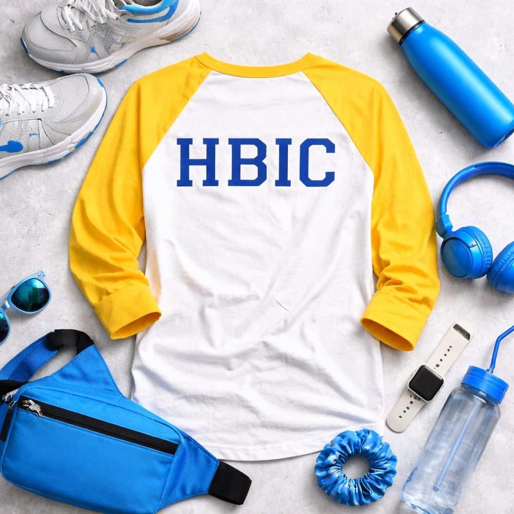 HBIC Graphic Raglan Tee Yellow White Baseball Shirt 3/4 Sleeve New Large